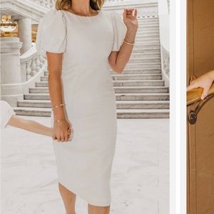 White shimmer puff sleeve dress